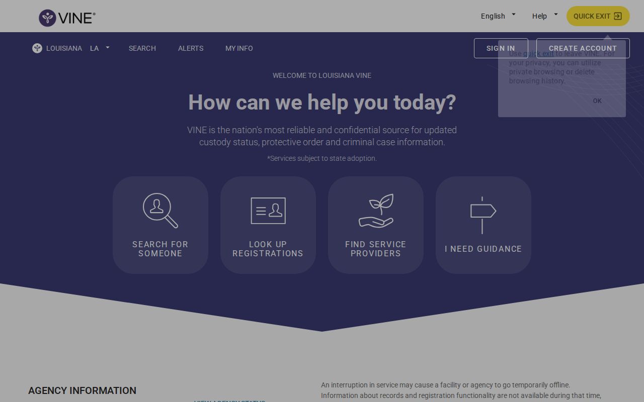 Calcasieu Parish VINELink inmate release search screen