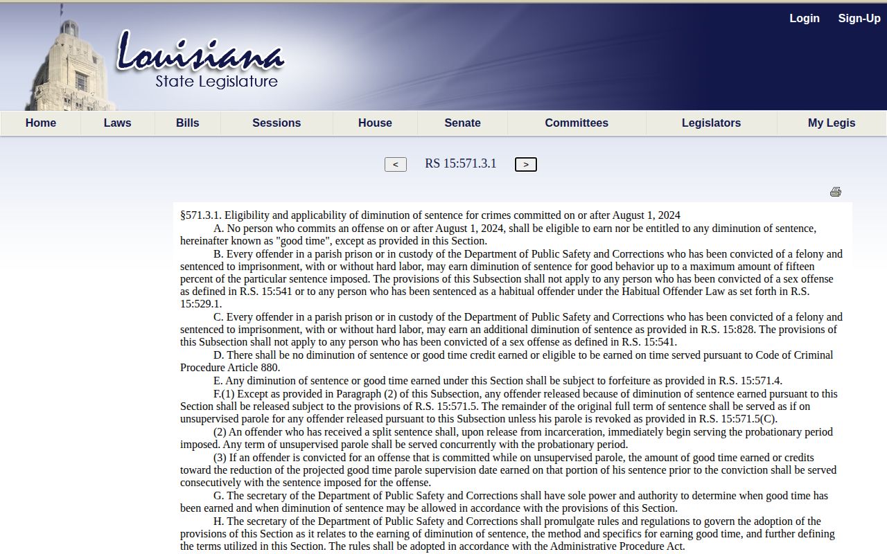 Louisiana good-time statute for a Calcasieu Parish projected release date