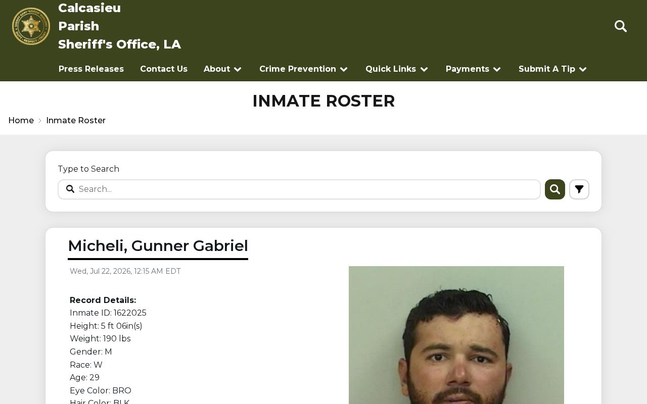 Calcasieu Parish current roster with no 72-hour release fields