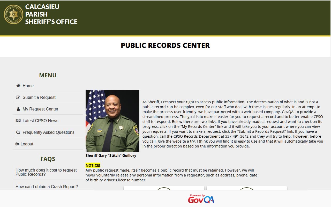 CPSO GovQA request for a Calcasieu Parish released inmate booking photo