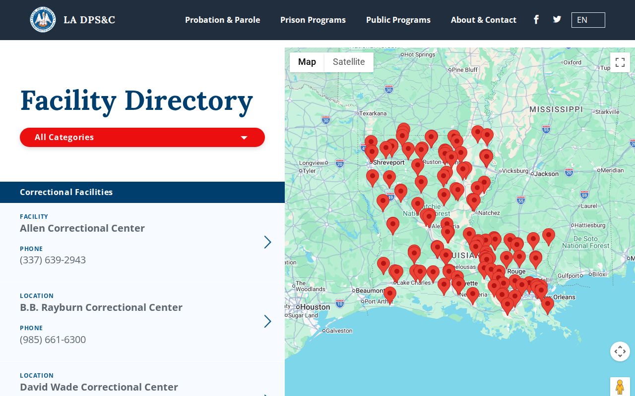 Louisiana DPS and Corrections adult facility directory illustrating the Calcasieu juvenile jurisdiction boundary
